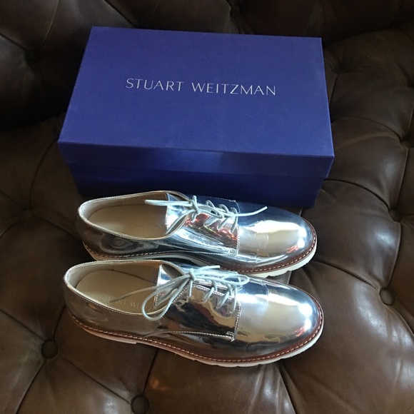 STUART WEITZMAN GLASS METRO METALLIC SILVER MIRROR BROGUES OXFORDS $645 - Picture 6 of 11
